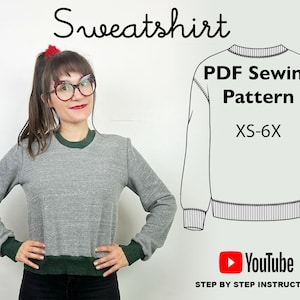 Crew Neck Sweatshirt Sewing Pattern PDF Digital Download Sizes XS-6X