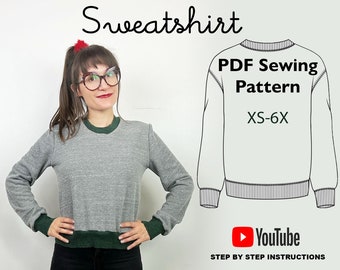 Crew Neck Sweatshirt Sewing Pattern PDF Digital Download Sizes XS-6X