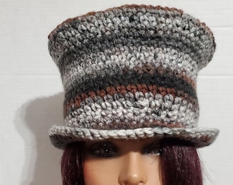 Top Hat - Cap - Shades of Grey/Brown/Black -Cap, Crochet hat - handmade