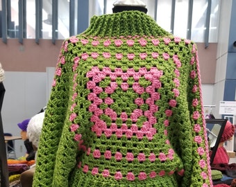 Pink and Green Poncho/ Crochet Poncho/ Crochet Granny Square Poncho/ Collar Poncho/ Fall Poncho/ Bohemian Poncho/ AKA Poncho