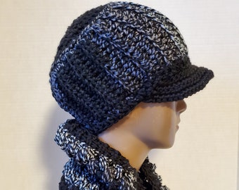 Black and Grey Blend Hat and Neckwarmer Set - Cowl, Cap, Crochet hat set - handmade cap and scarf - Custom Colors