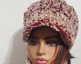 Shades of Brown and Red  Blend Chenille Hat Set  -  Hat  and  Neckwarmer -  Crochet Hat Set - WInter Wear