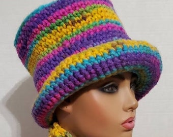 Tutti Fruiti Bucket  Hat and Scarf Crocheted -  Neckwarmer - Scarf- Cowl- matching hat-   -Crochet Hat - Colorful Crochet Hat