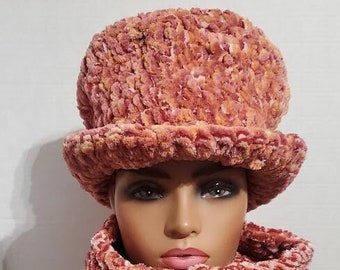 Burnt Orange and CreamChenille Hat Set  -  Hat  and  Neckwarmer -  Crochet Hat Set - WInter Wear