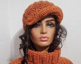 Crocheted Hat and Shoulderette - Hat and Scarf set -  Burnt Orange