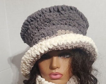 Shades of Grey Chenille Hat Set  -  Hat  and  Neckwarmer -  Crochet Hat Set - WInter Wear