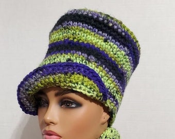 Shades of Green and Purple Hat and Scarf Crocheted -  Neckwarmer - Scarf- Cowl- matching hat-   Top Hat and  Button Scarf  -Crochet Hat