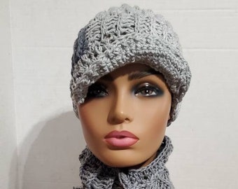 Shades of Gray  Hat and Scarf Crocheted -  Neckwarmer - Scarf- Cowl- matching hat Crochet Hat set