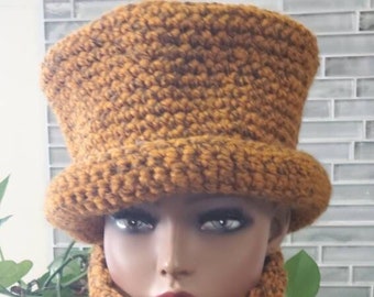 Top Hat - Cap - Shades of Rust and Gray....Flecked Yarn - Premium Acrylic Crochet Hat and Scarf