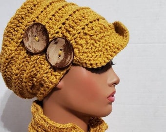 Gold Crocheted Hat and Scarf - Ruffled Scarf wtih matching hat-  Newsboy Hat with  Button Scarf  -Bib Crochet Hat