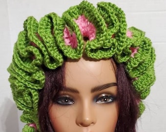 Ruffled Crochet Hat - Crochet Hat - Ruffled Hat -Sorority Colors - Pink and Green hat - Crochet Ruffled Hat