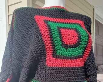 Reversible Crochet Sweater - Pullover  Shrug with Fringed -Red Black and Green blend