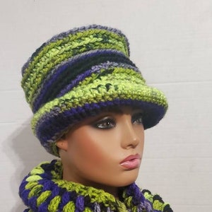 Green and Purple top hat  Hat and Scarf Crocheted -  Neckwarmer - Scarf- Cowl- matching hat Crochet Hat set