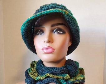 Green Blend  Hat and Scarf Crocheted -  Neckwarmer - Scarf- Cowl- matching hat- Green Crochet  Hat and  Button Scarf  -Crochet Hat