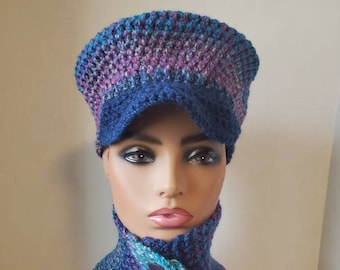 Blue Blend Captain's Hat  Scarf Crocheted - Blue Blend Neckwarmer - Scarf- Cowl- matching hat- Blue Blend Crochet Hat set