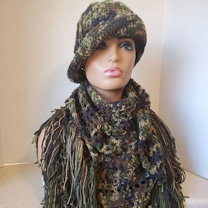 Camoflague  Hat and Scarf Crocheted with Fringe -  Crochet Camo Hat and Scarf - Fringed Shawl Scarf
