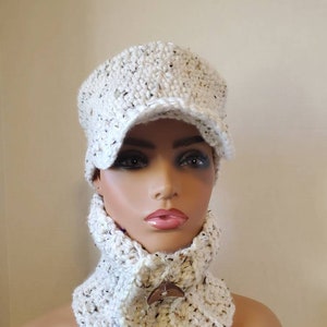 Cream Tweed Hat and Scarf Crocheted -  Neckwarmer - Scarf- Cowl- matching hat-  Captains Hat and  Button Scarf  -Crochet Hat