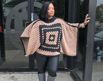 Grey and Beige Poncho/ Crochet Poncho/ Crochet Granny Square Poncho/ Collar Poncho/ Fall Poncho/ Bohemian Poncho