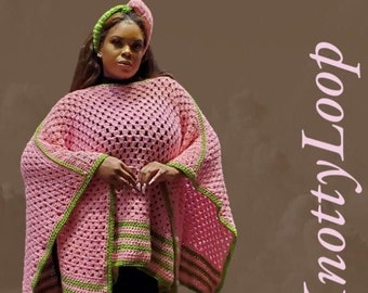 Pink and Green Poncho with matching Scarf.  AKA - Custom Colors Available - Crochet Poncho