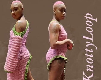 Tanks and Tails- Croptop   boho -  halter Tank - crochet tunic handmade  -Crochet festival Tank Top -  Tunic - Pink and Green Tunic - AKA