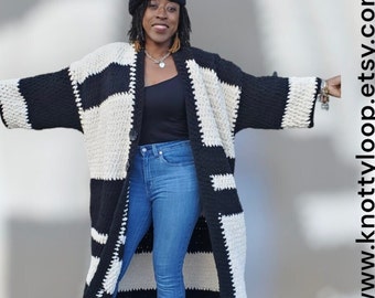 Oversized Crochet coat.  Crochet Sweater.  Black and cream Crochet sweater