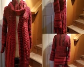 Crochet Sweater - Crochet Duster - Red Sweater with matching Cowl - Red Sweater Coat
