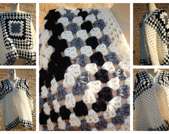 Off White / Black and Grey Blend  Poncho/ Crochet Poncho/ Crochet Granny Square Poncho/ Collar Poncho/ Spring Poncho/ Bohemian Poncho