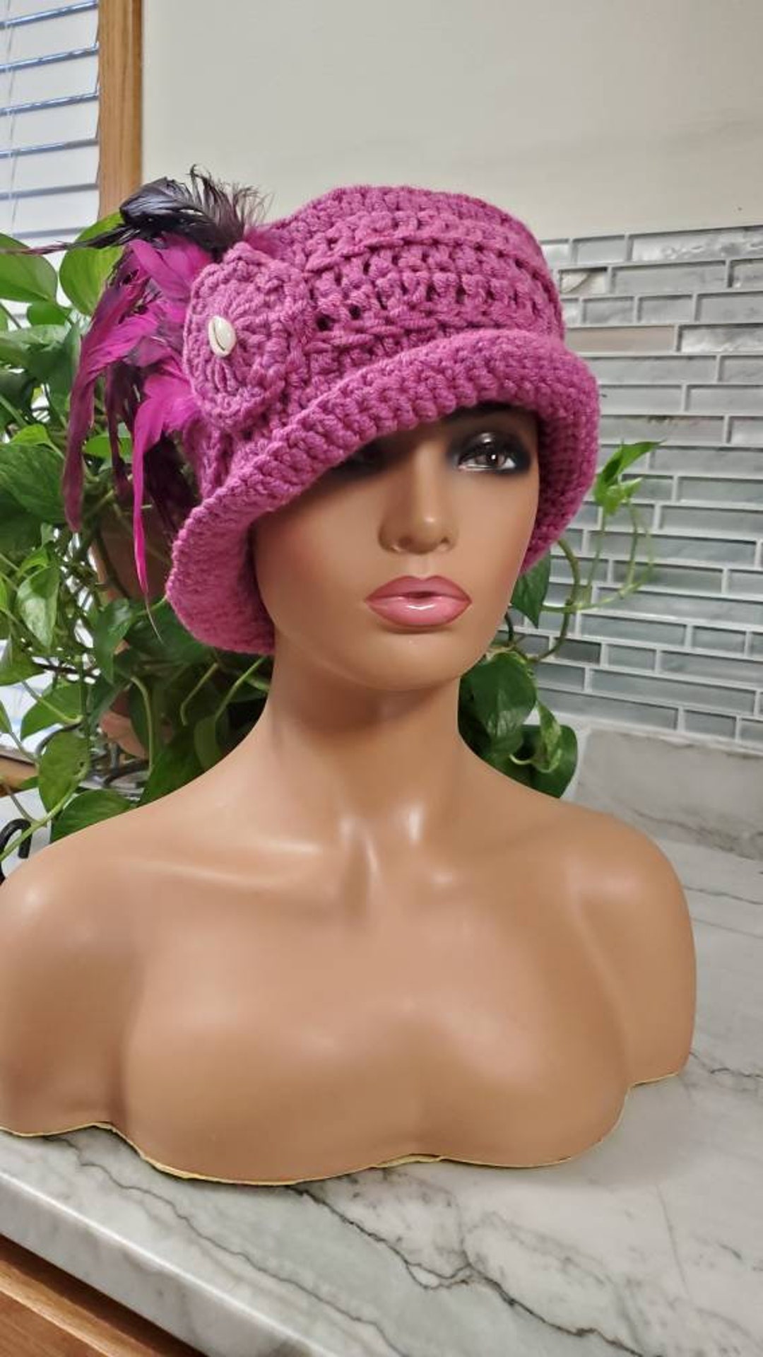 Pink Cloche Hat With Feathers Crochet Hat Pink Hat Etsy