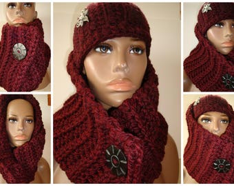 Cowl Scarf Crocheted - Neckwarmer - Scarf- Cowl- matching hat- MultiScarf - Cranberry