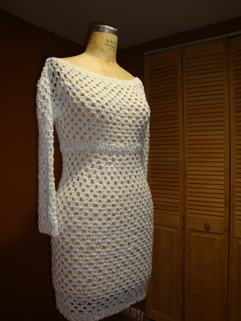 White Crochet Dress Handmade Knee Length Dress Boat Neck Etsy