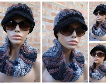 Crochet Hat set Black/Grey/Brown Blend Hat and Neckwarmer Set - Cowl, Cap, Crochet hat set - handmade cap and scarf - Custom Colors