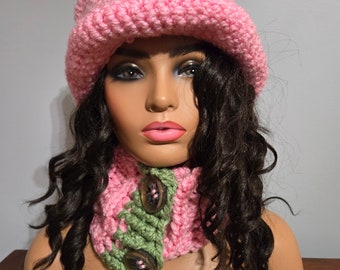 A tapestry of color top hat -  Pink and green Hat and Scarf- sorority colors.