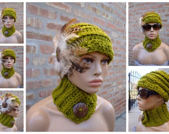 LemonGreen Hat with Feathers and matching scarf -Lemongrass Green Crochet Hat - Hat Set - Crochet Cap - Custom colors available