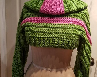 Crochet Shrug with Matching Infinity Scarf - Pink and Green - Sleeves - Custom Colors