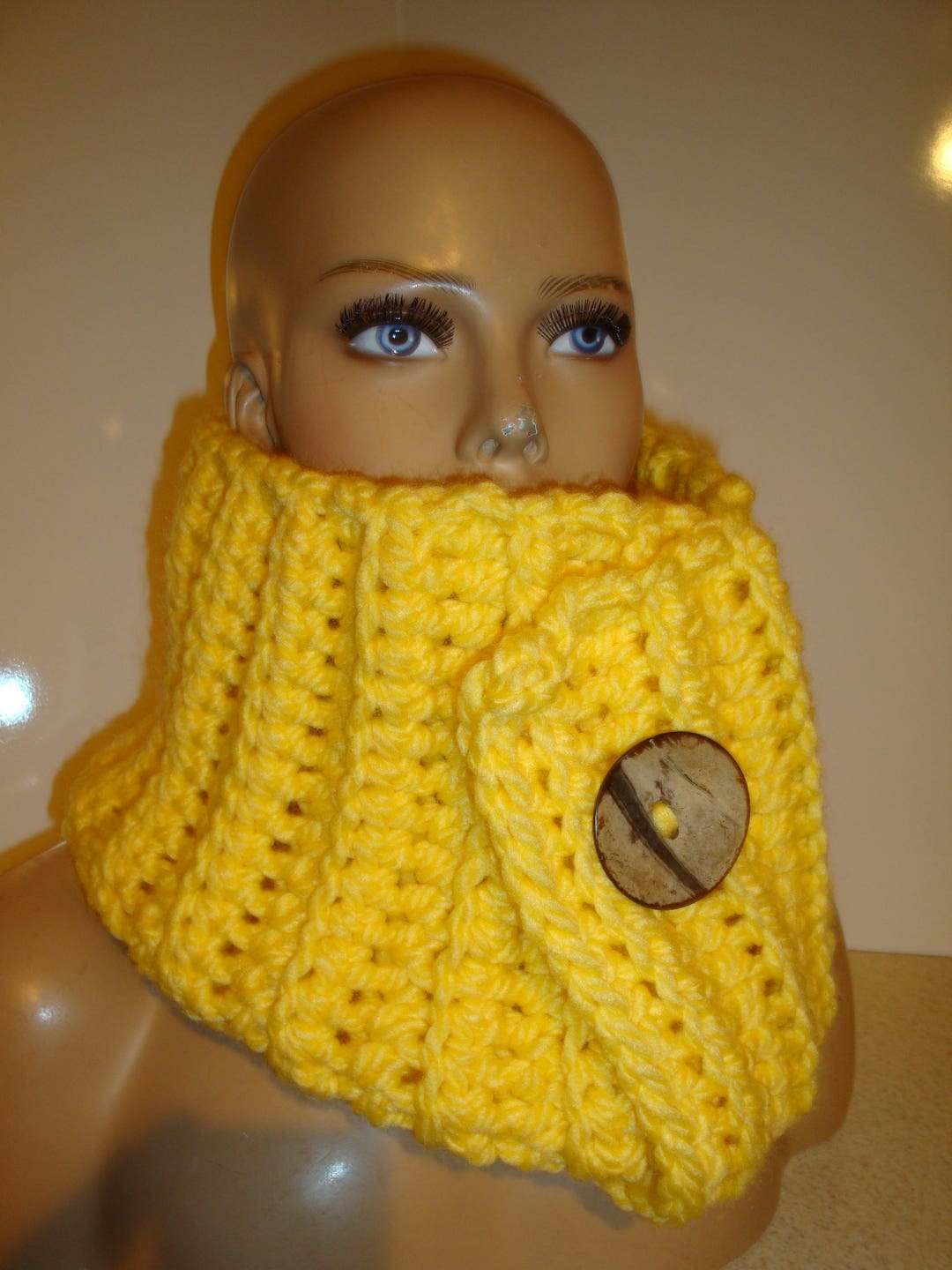 Crochet Yellow Cowl Scarf – Chunky Acrylic Neckwarmer With Coconut ...
