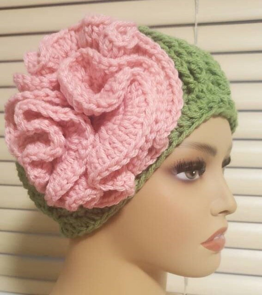 Pink and Green Hat Ruffled Hat Crochet Hat With Flower Crochet Clochet