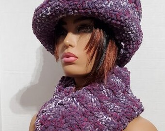 Purple  Blend Chenille Hat Set  -  Hat  and  Neckwarmer -  Crochet Hat Set - WInter Wear