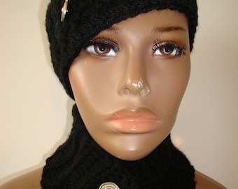 Black Hat and Neckwarmer Set - Cowl, Cap, Crochet hat set - handmade cap and scarf -Silver Buttons
