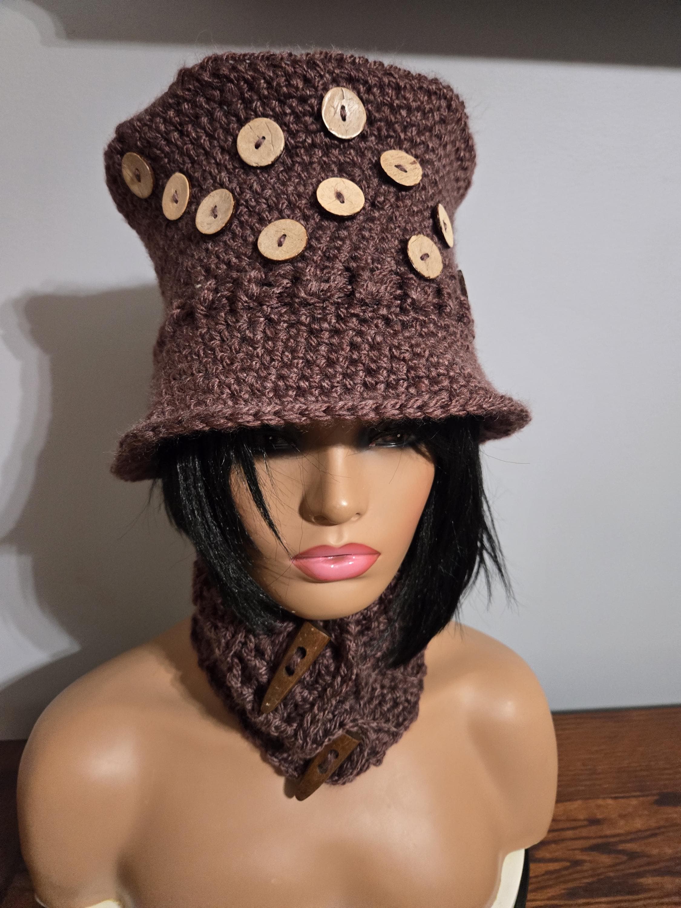 Crochet Top Hat & Neck Warmer Set: Cocoa Brown Acrylic Blend 