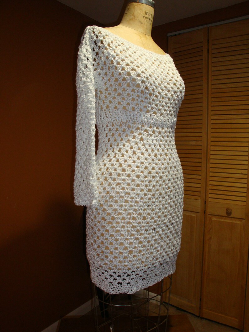 White Crochet Dress Handmade Knee Length Dress Boat Neck Etsy