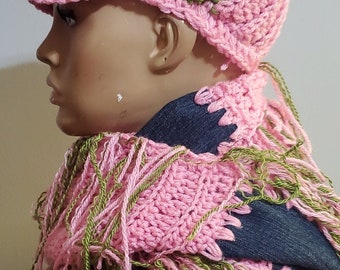 Jean and Crochet Hat Set- Crochet with Jean Material Hat set - Crochet Hat set - Denim and Cream Crochet Hat Set- pink and green hat set