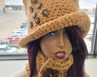 BUTTON UP Buttercup -  Crocheted  Top Hat with scarf - Button Hat -