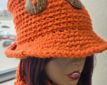 Crochet Bucket hat -  Orange Top hat- Orange Bucket Hat with Wood Buttons