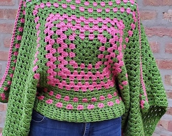 Pink and Green Poncho/ Crochet Poncho/ Crochet Granny Square Poncho/ Collar Poncho/ Fall Poncho/ Bohemian Poncho