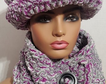 Purple and Blend Chenille Hat Set  -  Hat  and  Neckwarmer -  Crochet Hat Set - WInter Wear