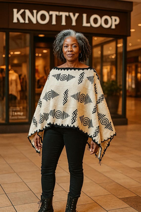 kapoc PONCHO 東炊き染めリネン プルオーバー ポンチョ ワケアリ Mudcloth Poncho With Crochet Trim: Black & White Cultural Design