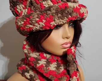 Red and Brown  Blend Chenille Hat Set  -  Hat  and  Neckwarmer -  Crochet Hat Set - WInter Wear