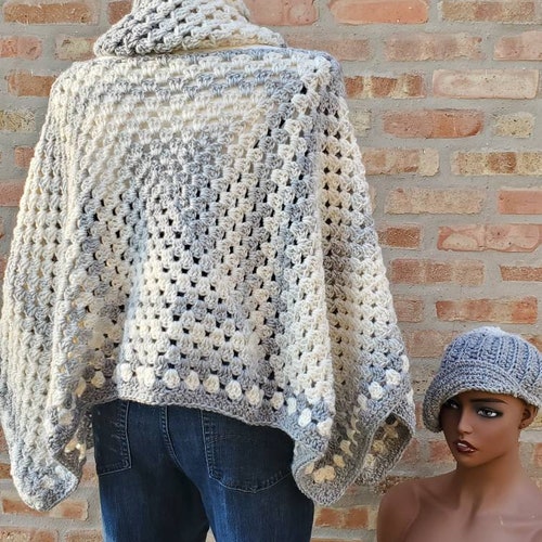 Shades of Grey / Grey Blend Poncho/ Crochet Poncho/ Crochet shops Granny Square Poncho with matching scarf and hat