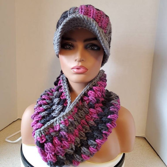 Handmade Crochet Newsboy Cap and Cowl Set: Pink & Gray - Etsy display picture 2