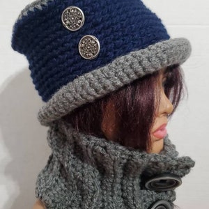 Gray and Navy Blue top hat  Hat and Scarf Crocheted -  Neckwarmer - Scarf- matching hat Crochet Hat set - crochet hat set